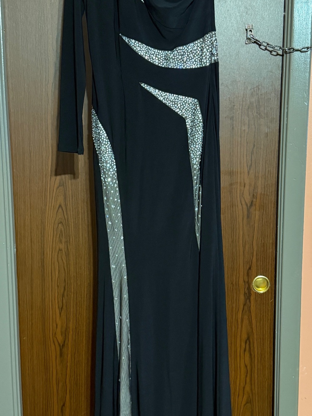 Betsy & Adam Black One-Shoulder Evening Gown with Silver Crystal Panels